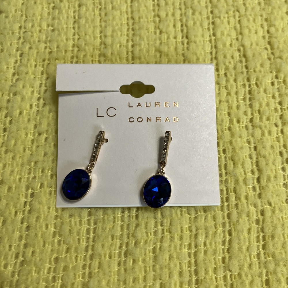 New LC Lauren Conrad Simulated Diamond Sapphire Dangle Drop Earrings 1 1/8" Long